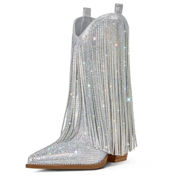 Women's Rhinestone Cowboy Boots with Fringe, Chunky Heel, Wide Calf - Picture 2 of 8